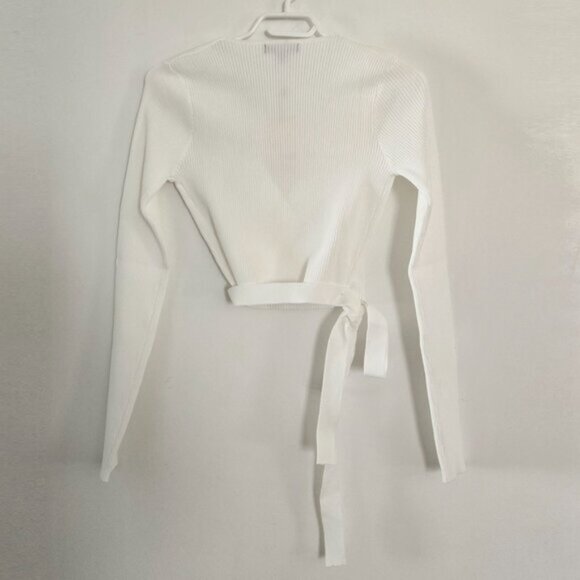 Missguided White Ribbed Wrap V neck Top Long Sleeve Size Small 26e - Picture 4 of 6